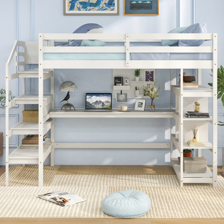 Twin Size Loft Bed with Desk and Storage Stairs Loft Bed Frame with Shelves and Safety Guardrails