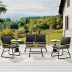 Yaheetech 4 Piece Patio Furniture Set, Outdoor Wicker Conversation Sets, Boho Loveseat & 2 Armchairs with Cushion and Pillow, Glass Top Table for Backyard, Porch, Balcony, Deck - Tan/Black