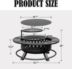 42 Inch Fire Pit with 2 Grills, Large Outdoor Firepits for Outside, Wood Burning Fireplace for Camping,Picnic,Bonfire, 3-in-1 Round Metal Table with Lid for Backyard,Patio,Party