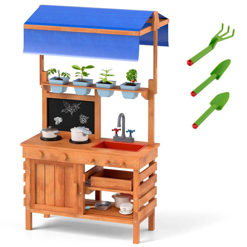 Kids Mud Kitchen Playset, Fir Wood Outdoor Play Kitchen Kids Potting Bench Mud Table with Adjustable Canopy, Sink, 4 Pots, Blackboard