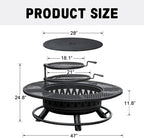 47 Inch Fire Pit with 2 Grills, Outdoor Extra Large Firepits for Outside, Wood Burning Fireplace for Camping,Picnic,Bonfire, 3-in-1 Round Metal Table with Lid for Backyard,Patio,Party