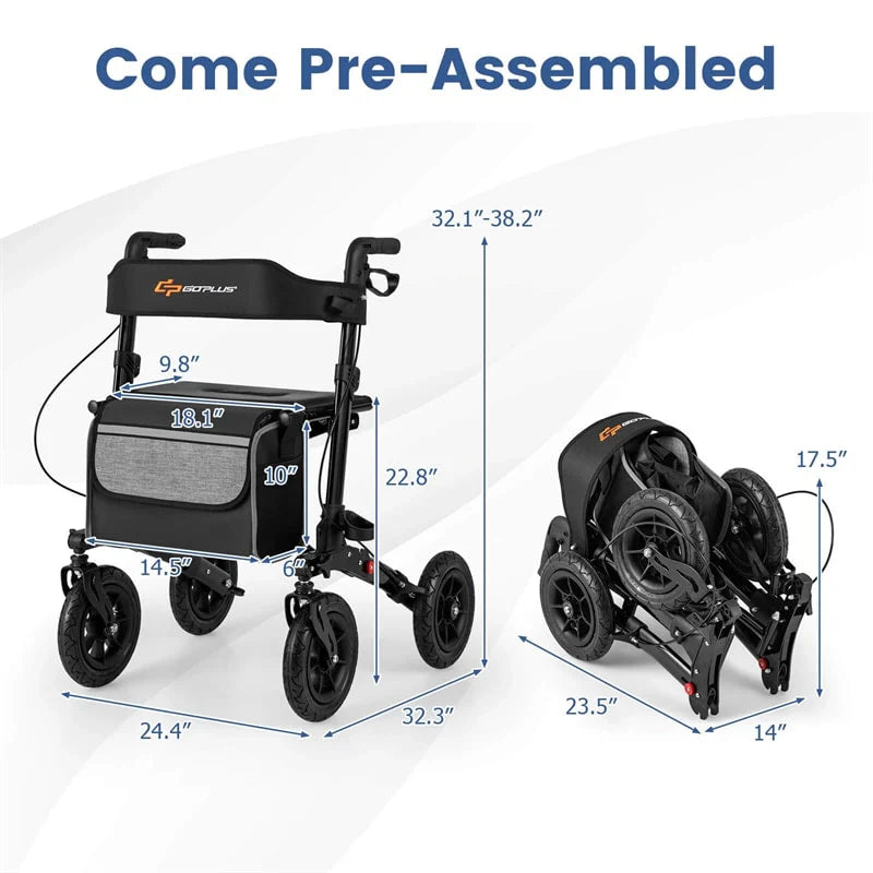 2-in-1 Folding Rolling Rollator Walker with Seat, 9" All-Terrain Pneumatic Tires & Height Adjustment, Aluminum Mobility Walking Aid for Seniors