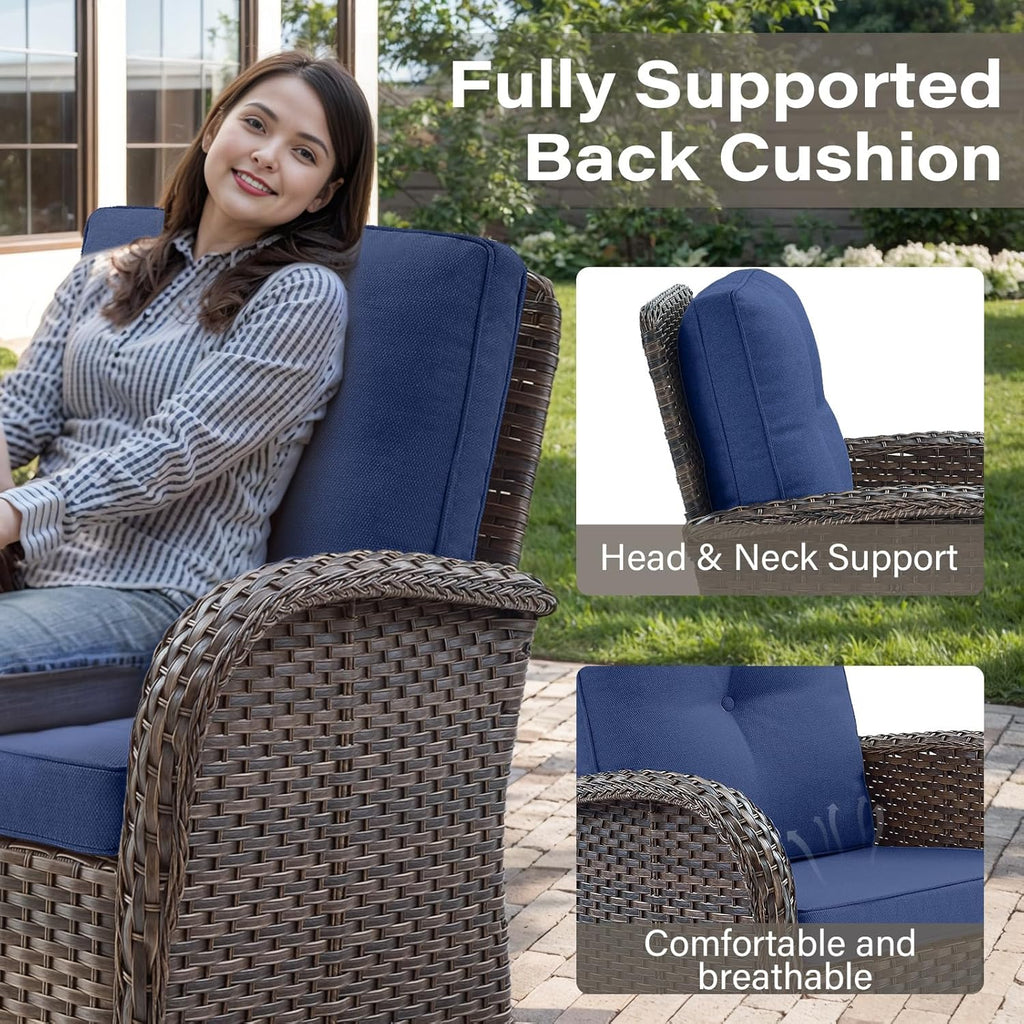 Belord Patio Wicker Chairs Swivel Rocker - Outdoor Swivel Rocking Chairs Set of 2 with Rattan Side Table  Patio Swivel Glider Chair 3 Piece Patio Furniture Sets for Deck Porch Pool Brown/Blue