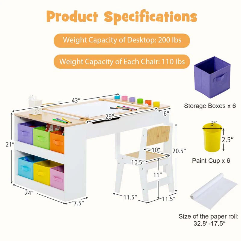2-in-1 Kids Art Table Chair Set for Drawing Writing, Toddler Craft Play Wood Activity Desk w/2 Chairs Paper Roll Storage Canvas Bins