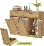 Double Tilt Out Laundry Hamper Cabinet, 43.3" Laundry Cabinet with 2 Removable Baskets, Farmhouse Wooden Hidden Trash Bin Cabinet with Open Shelving, for Bathroom, Natural