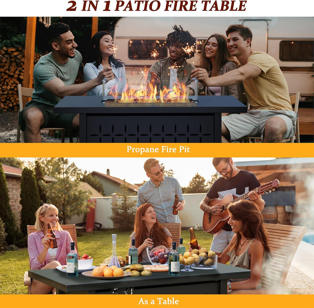 Vongrasig 8 Pieces Patio Furniture Set with 43" Fire Pit, Outdoor Couch Sectional Set, Small Conversation Set, 50,000 BTU Gas Fire Pit Propane Fire Table with Lid, Beige
