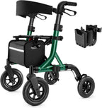 A walking aid suitable for the elderly, a wheelchair-style walking aid with a seat, a full-terrain walking aid with 10-inch rubber wheels, an aluminum walking aid with a backrest, with built-in cables, foldable and height-adjustable, suitable for the