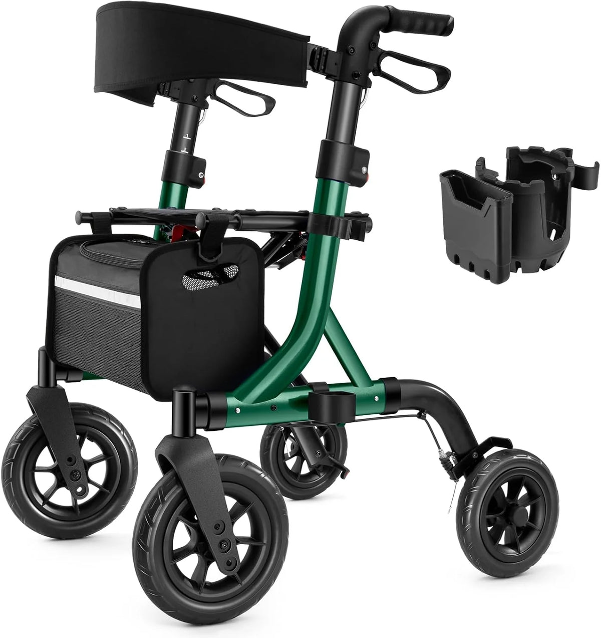 A walking aid suitable for the elderly, a wheelchair-style walking aid with a seat, a full-terrain walking aid with 10-inch rubber wheels, an aluminum walking aid with a backrest, with built-in cables, foldable and height-adjustable, suitable for the