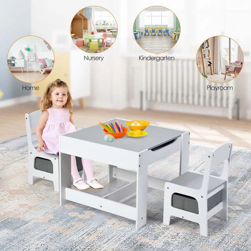 3-in-1 Kids Wood Table Chairs Set with Blackboard & Storage Drawers, Children Multi Activity Table for Learning Playing Drawing