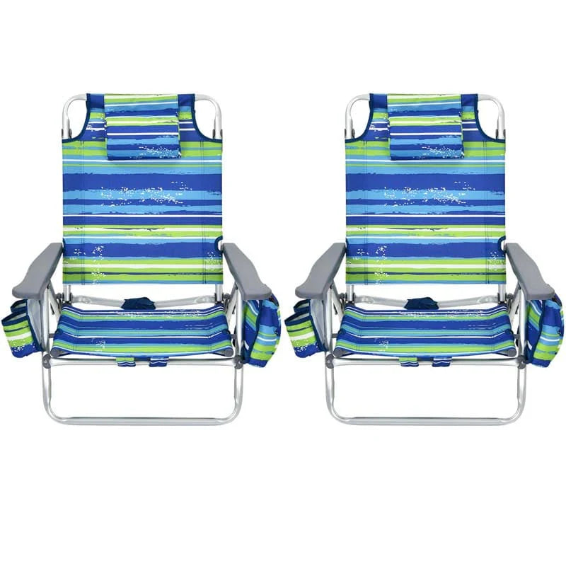 2-Pack Folding Beach Chair, Backpack Lawn Chairs, Sling Camping Chair, Patio Reclining Chairs with 5 Adjustable Position, Head Pillow
