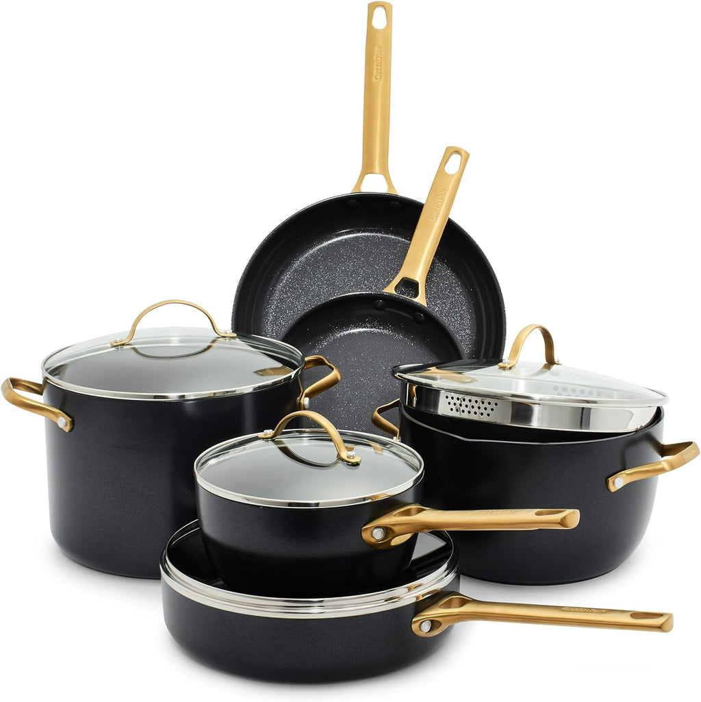 Reserve Hard Anodized Healthy Ceramic Nonstick 10 Piece Cookware Pots and Pans Set, Gold Handle, PFAS-Free, Dishwasher Safe, Oven Safe, Black