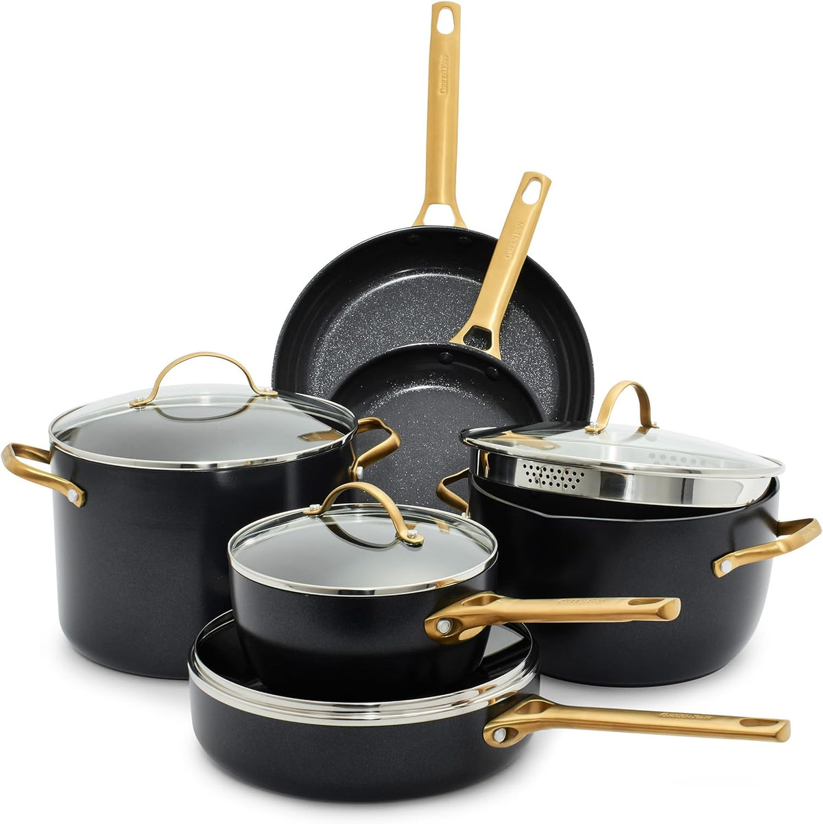 Reserve Hard Anodized Healthy Ceramic Nonstick 10 Piece Cookware Pots and Pans Set, Gold Handle, PFAS-Free, Dishwasher Safe, Oven Safe, Black