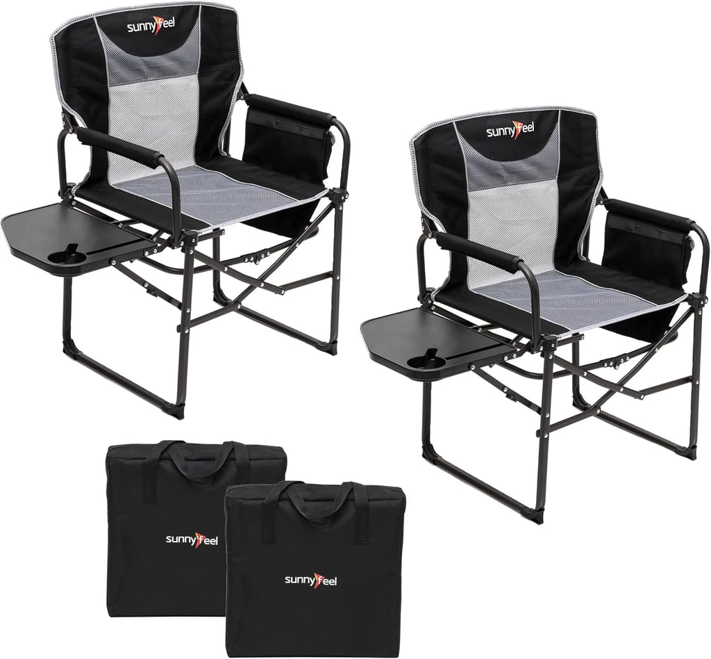 The camping supervisor uses portable folding chairs with side tables and storage bags. These are sturdy and durable, suitable for adults for outdoor use. Each set consists of two (black color)
