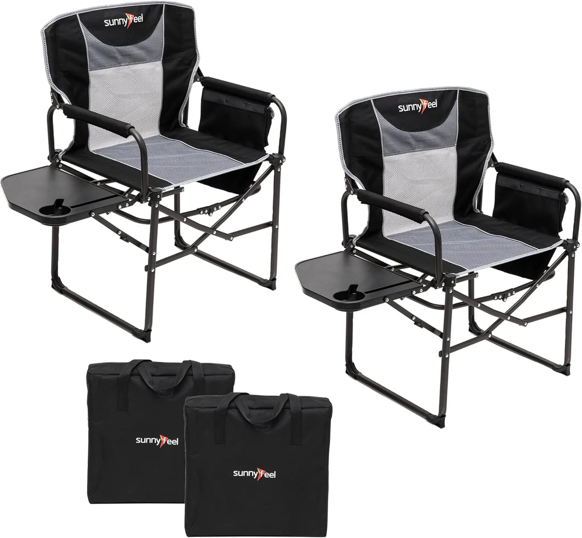 The camping supervisor uses portable folding chairs with side tables and storage bags. These are sturdy and durable, suitable for adults for outdoor use. Each set consists of two (black color)