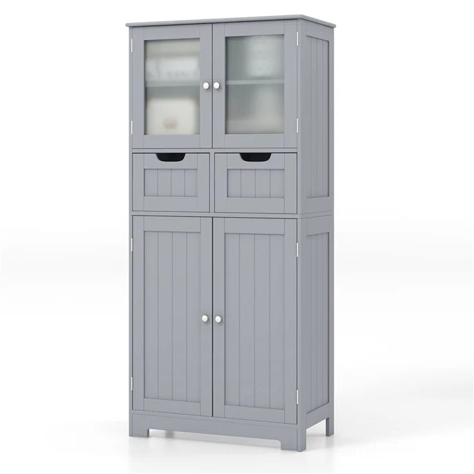 Giantex Floor Storage Cabinet with 4 Doors, Freestanding Bathroom Cabinet with 2 Glass Doors, White