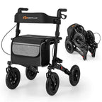 2-in-1 Folding Rolling Rollator Walker with Seat, 9" All-Terrain Pneumatic Tires & Height Adjustment, Aluminum Mobility Walking Aid for Seniors