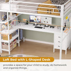 ADORNEVE Loft Bed Twin Size with L-Shaped Desk, LED Lights,Charging Station,Twin Metal Loft Bed with Desk, Fabric Drawers & Shelves, 13.4" H Safety Guard, No Box Spring Needed,White