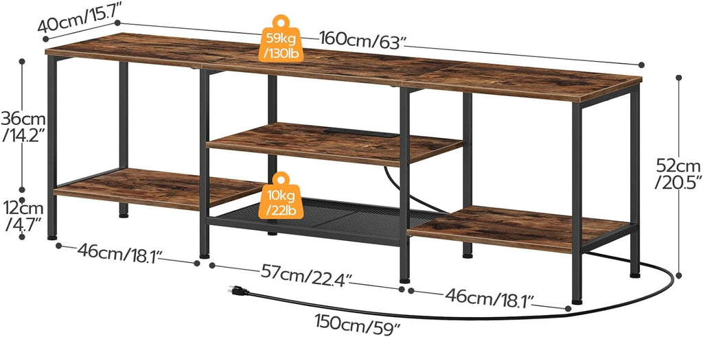 TV Stand with Power Outlets to 75 Inches, TV Console Table with Open Storage Shelves Cabinet, Industrial Media Entertainment Center for Living Room Bedroom, Rustic Brown and Black BF60DS01