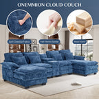 Wiilayok U Shaped Cloud Couch Modular Sectional Sofa 124" Extra Deep Fluffy Chenille Double Chaise Lounge, Central Console w/ Dual USB-C & A Ports, Storm Gray