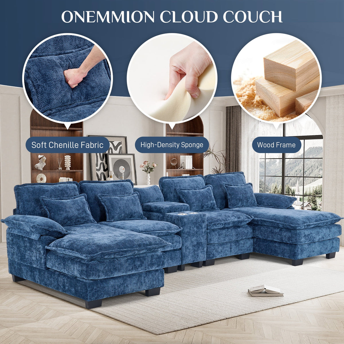 Wiilayok U Shaped Cloud Couch Modular Sectional Sofa 124" Extra Deep Fluffy Chenille Double Chaise Lounge, Central Console w/ Dual USB-C & A Ports, Storm Gray