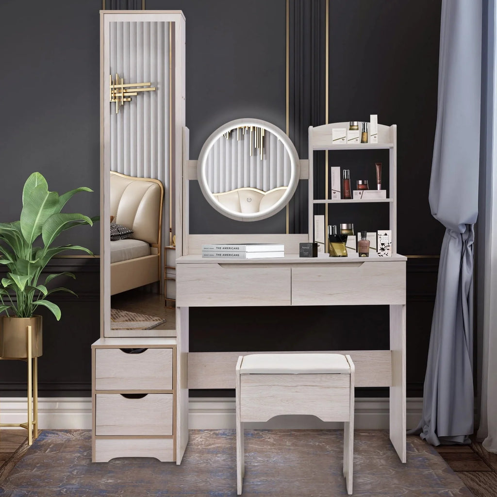 UBesGoo Lighted Vanity Table Set, Dressing Table with Full Length Mirror, Bedroom Makeup Table with Hidden Stoarge Cabinet, White Oak Color