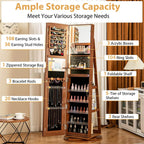 360�� Swivel Jewelry Cabinet Armoire w/ Full Length Mirror 3-Color LED Lights & Rear Shelves, Lockable Standing Jewelry Storage Organizer