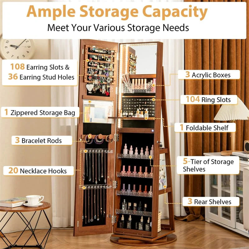 360�� Swivel Jewelry Cabinet Armoire w/ Full Length Mirror 3-Color LED Lights & Rear Shelves, Lockable Standing Jewelry Storage Organizer
