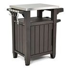 Unity Portable Outdoor Table and Storage Cabinet with Hooks for Grill Accessories-Stainless Steel Top for Patio Kitchen Island or Bar Cart, Espresso Brown