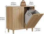 Oak Sloping Laundry Hamper Cabinet with 2 Removable Liners, Freestanding MDF Tilt-Out Storage Cabinet with Anti-Tipping Kit, Concealed Bathroom & Laundry Room Organizer, 27.8" H x 27.4" L x 13.8" D