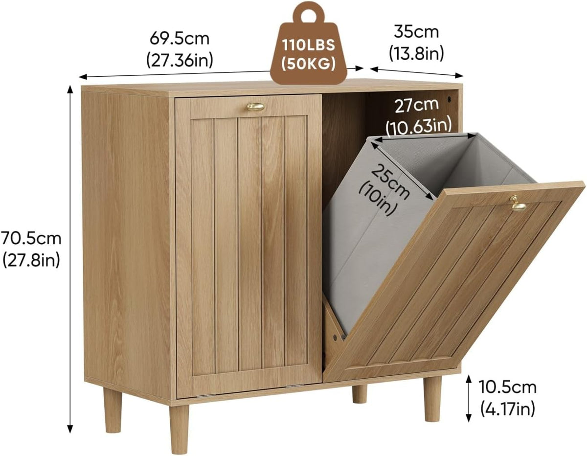 Oak Sloping Laundry Hamper Cabinet with 2 Removable Liners, Freestanding MDF Tilt-Out Storage Cabinet with Anti-Tipping Kit, Concealed Bathroom & Laundry Room Organizer, 27.8" H x 27.4" L x 13.8" D