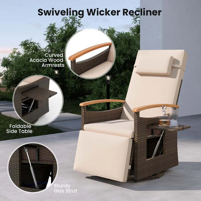 Outdoor Rattan 360�� Swivel Recliner Chair, Patio Wicker Chaise Lounge Chair with Adjustable Backrest & Footrest, Flip Side Table & Cushions