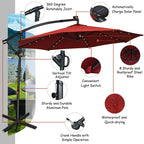 10 FT Patio Offset Umbrella with Solar Lights 360° Rotation Outdoor Market Umbrella with Crank Handle & Cross Base