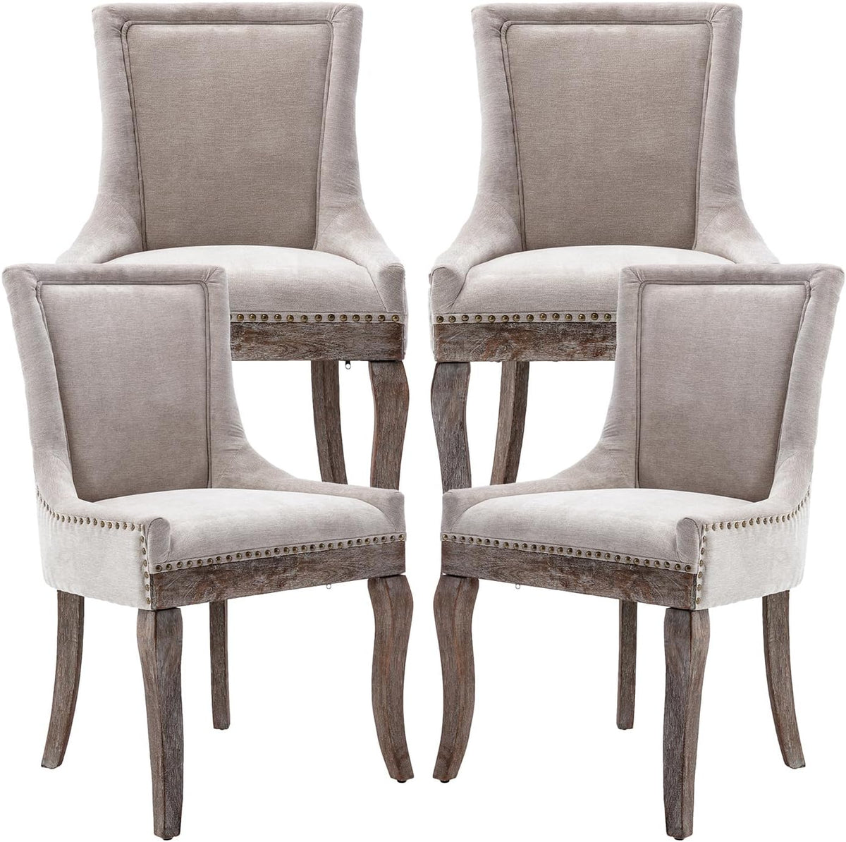Modern Dining Chairs Set of 4, Fabric Upholstered High Back Chairs with Nailhead Trim and Curved Solid Wood Legs, Sillas de Comedor Accent Chairs for Dining Room, Beige