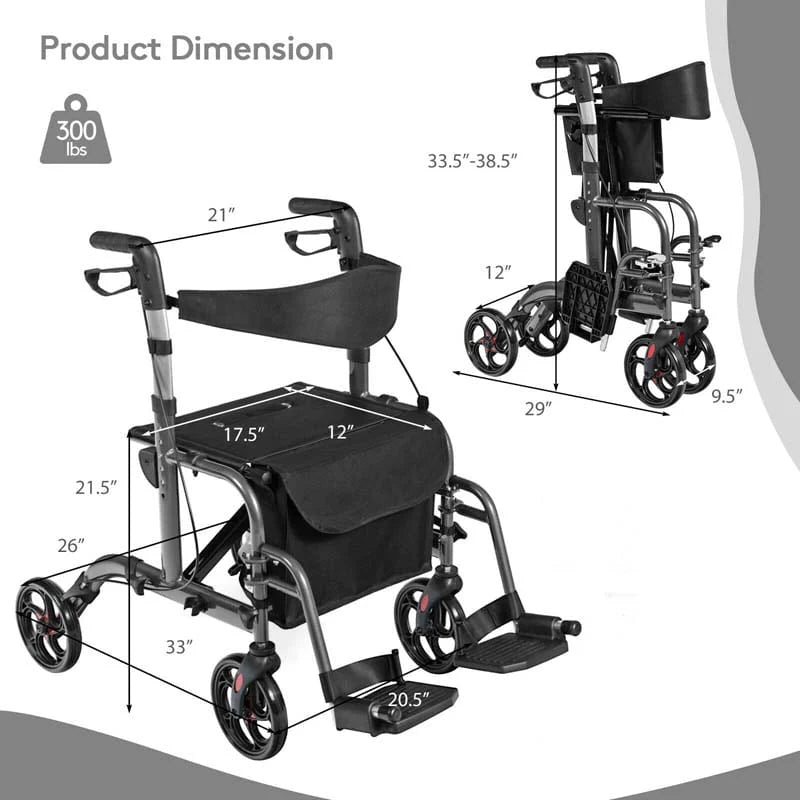 2 in 1 Rollator Walker Wheelchair Folding Medical Walker, Aluminum Transport Chair Mobility Walking Aid