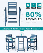 SERWALL Balcony Adirondack Chairs and Table 3 Pieces Set  Adirondack Bar Height Chairs Set of 2 and Bar Table  Outdoor Bar Stools Set for Bistro  Poolside  Backyard  Blue