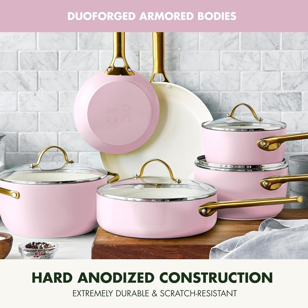 Reserve Hard Anodized Healthy Ceramic Nonstick 10 Piece Cookware Pots and Pans Set, Gold Handle, PFAS-Free, Dishwasher Safe, Oven Safe, Black