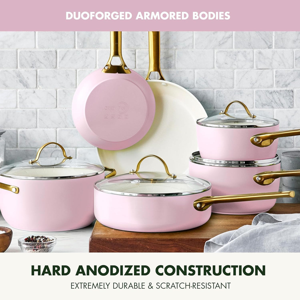 Reserve Hard Anodized Healthy Ceramic Nonstick 10 Piece Cookware Pots and Pans Set, Gold Handle, PFAS-Free, Dishwasher Safe, Oven Safe, Black