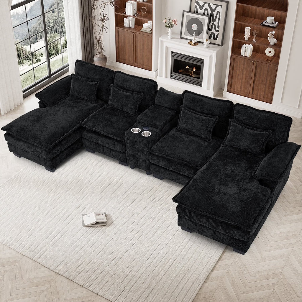 Wiilayok U Shaped Cloud Couch Modular Sectional Sofa 124" Extra Deep Fluffy Chenille Double Chaise Lounge, Central Console w/ Dual USB-C & A Ports, Storm Gray