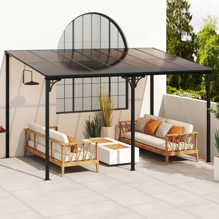 Wall-Mounted Patio Gazebo Large Outdoor Hardtop Pergola with Sloped Polycarbonate Roof