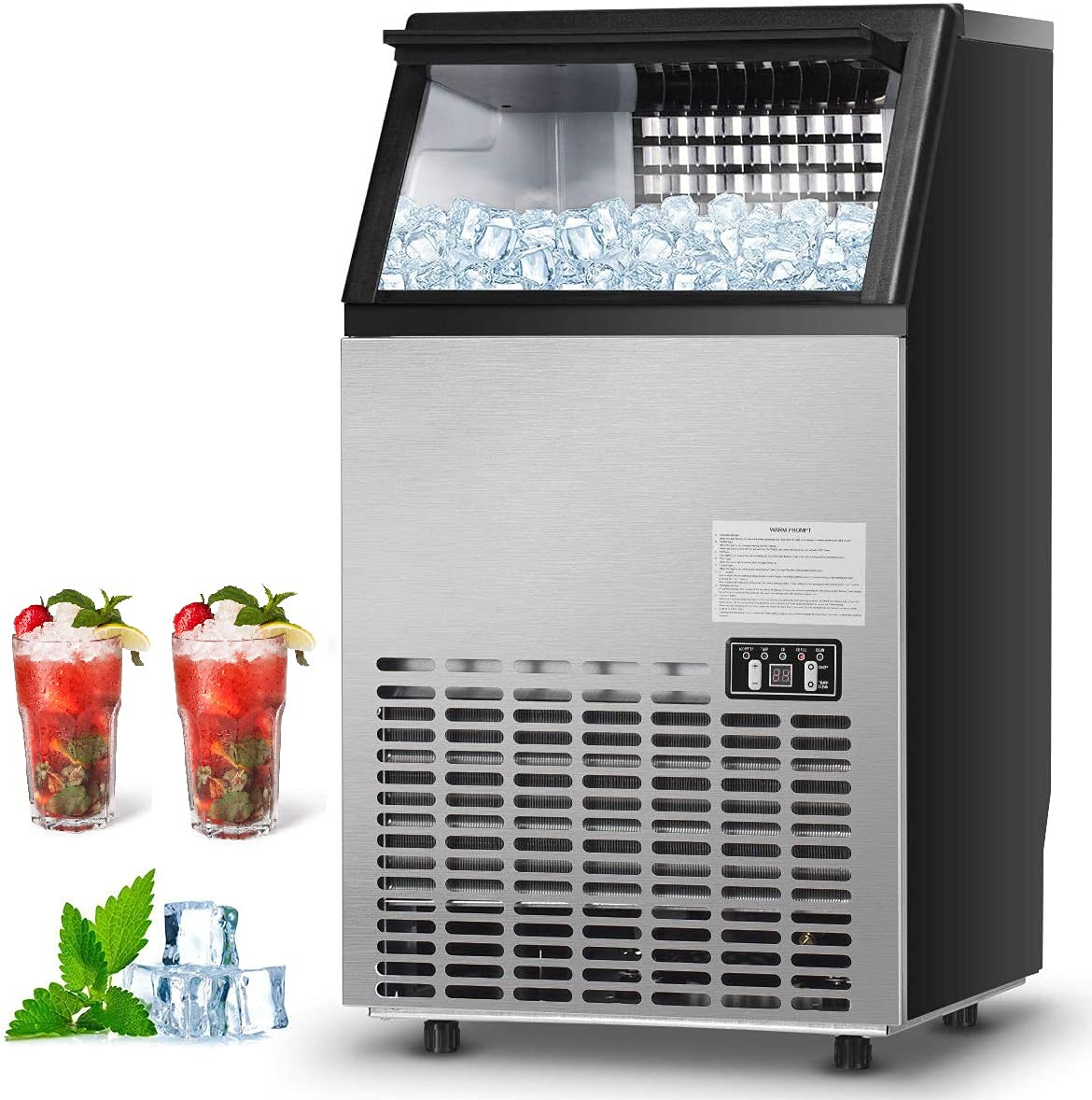 110LBS/24H Commercial Ice Maker with 33LBS Storage Capacity, Free-Standing Ice Machine