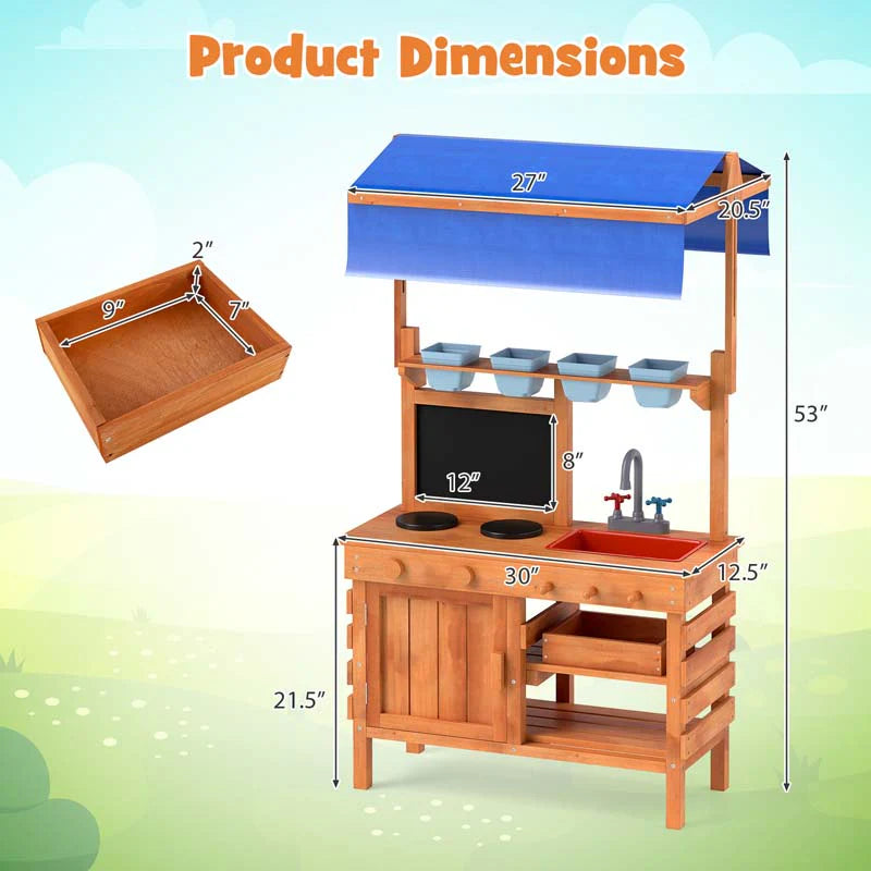 Kids Mud Kitchen Playset, Fir Wood Outdoor Play Kitchen Kids Potting Bench Mud Table with Adjustable Canopy, Sink, 4 Pots, Blackboard