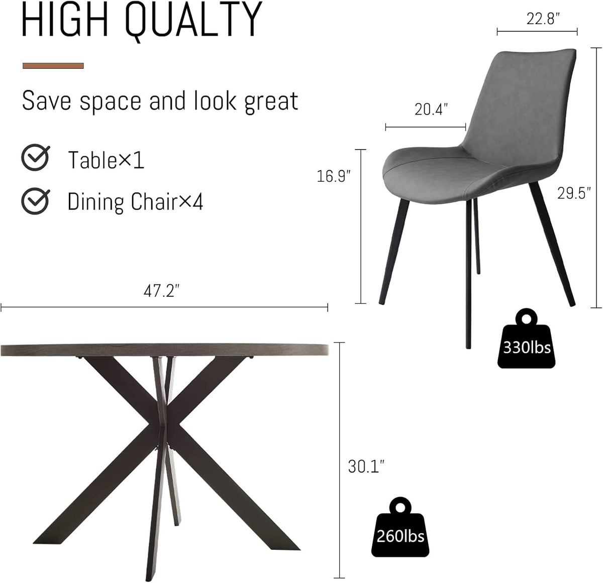 Round Dining Table Set, Mid Century Modern 47 INCH, Leisure Coffee Table, Saving Space (Grey)