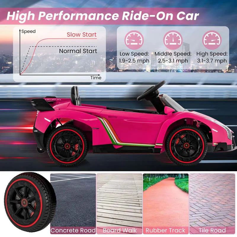 Lamborghini Licensed Kids Ride On 4WD Sports Car, 12V Battery Electric Vehicle Toy with Remote Control, 3 Speeds, Hydraulic Doors