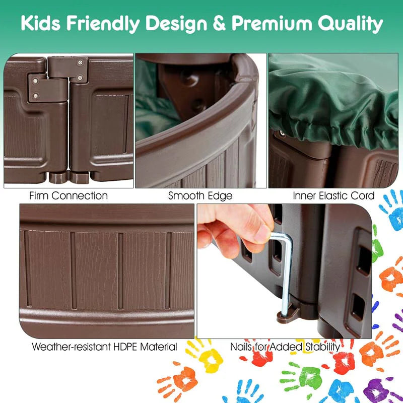 6FT Oval Outdoor Sandbox with Cover, Built-in Corner Seat & Bottom Liner, All Weather Kids Sand Play Station for Backyard Beach