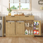 Double Tilt Out Laundry Hamper Cabinet, 43.3" Laundry Cabinet with 2 Removable Baskets, Farmhouse Wooden Hidden Trash Bin Cabinet with Open Shelving, for Bathroom, Natural