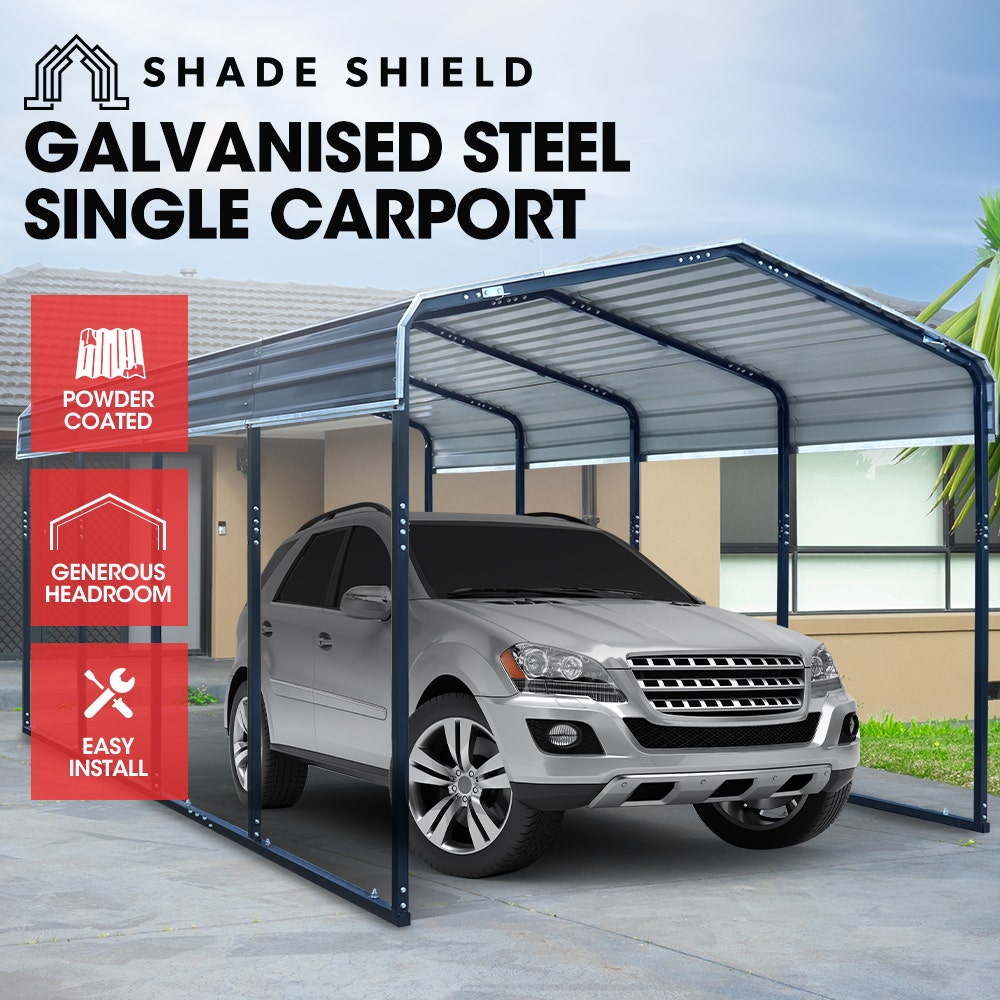 SHADE SHIELD Single Carport Shed 3.3 x 6 x 2.8m, Galvanised Steel Frame, Powder Coated Gable Roof, Shelter for Car Caravan Boat Tractor Agricultural