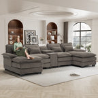 Wiilayok U Shaped Cloud Couch Modular Sectional Sofa 124" Extra Deep Fluffy Chenille Double Chaise Lounge, Central Console w/ Dual USB-C & A Ports, Storm Gray