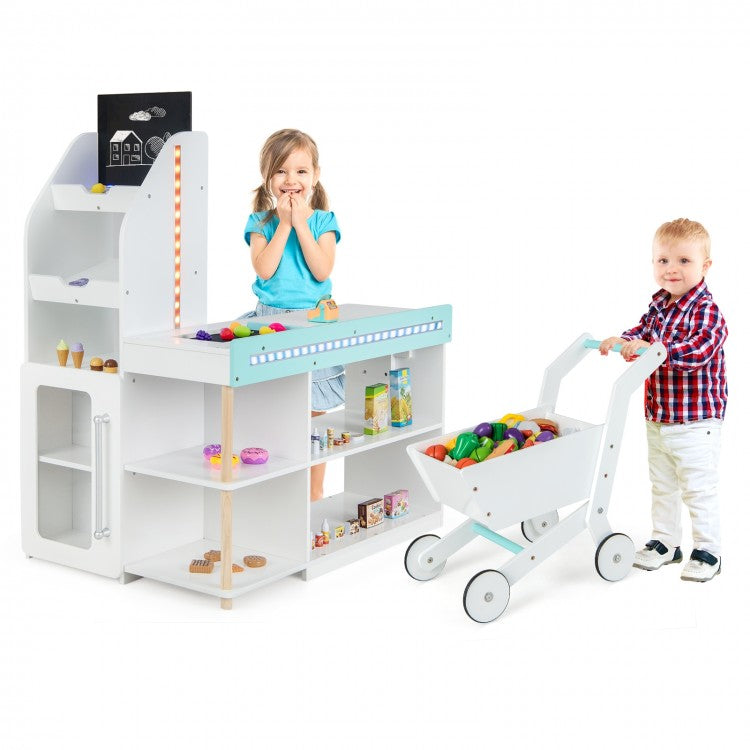 Wooden Kids Supermarket Playset with Cash Register and Shopping Cart