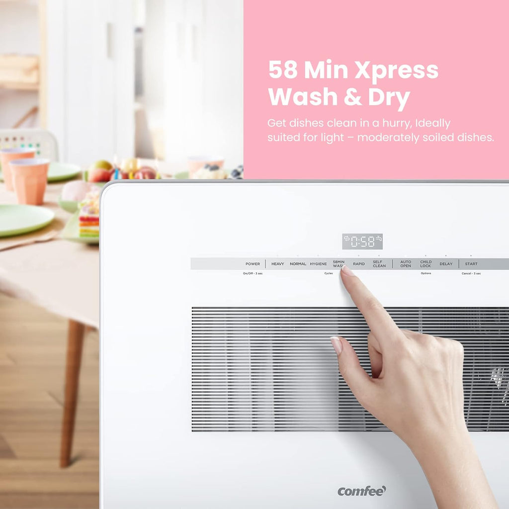 COMFEE' Portable Dishwasher Countertop with 5L Built-in Water Tank, No Hookup Needed, 6 Programs, 360° Dual Spray, 192�?High-Temp& Air-Dry Function, Mini Dishwasher for RVs, White