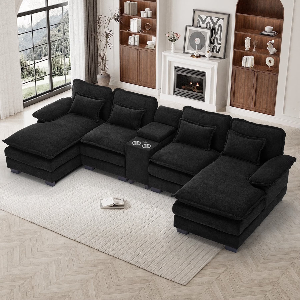 Wiilayok U Shaped Cloud Couch Modular Sectional Sofa 124" Extra Deep Fluffy Chenille Double Chaise Lounge, Central Console w/ Dual USB-C & A Ports, Storm Gray